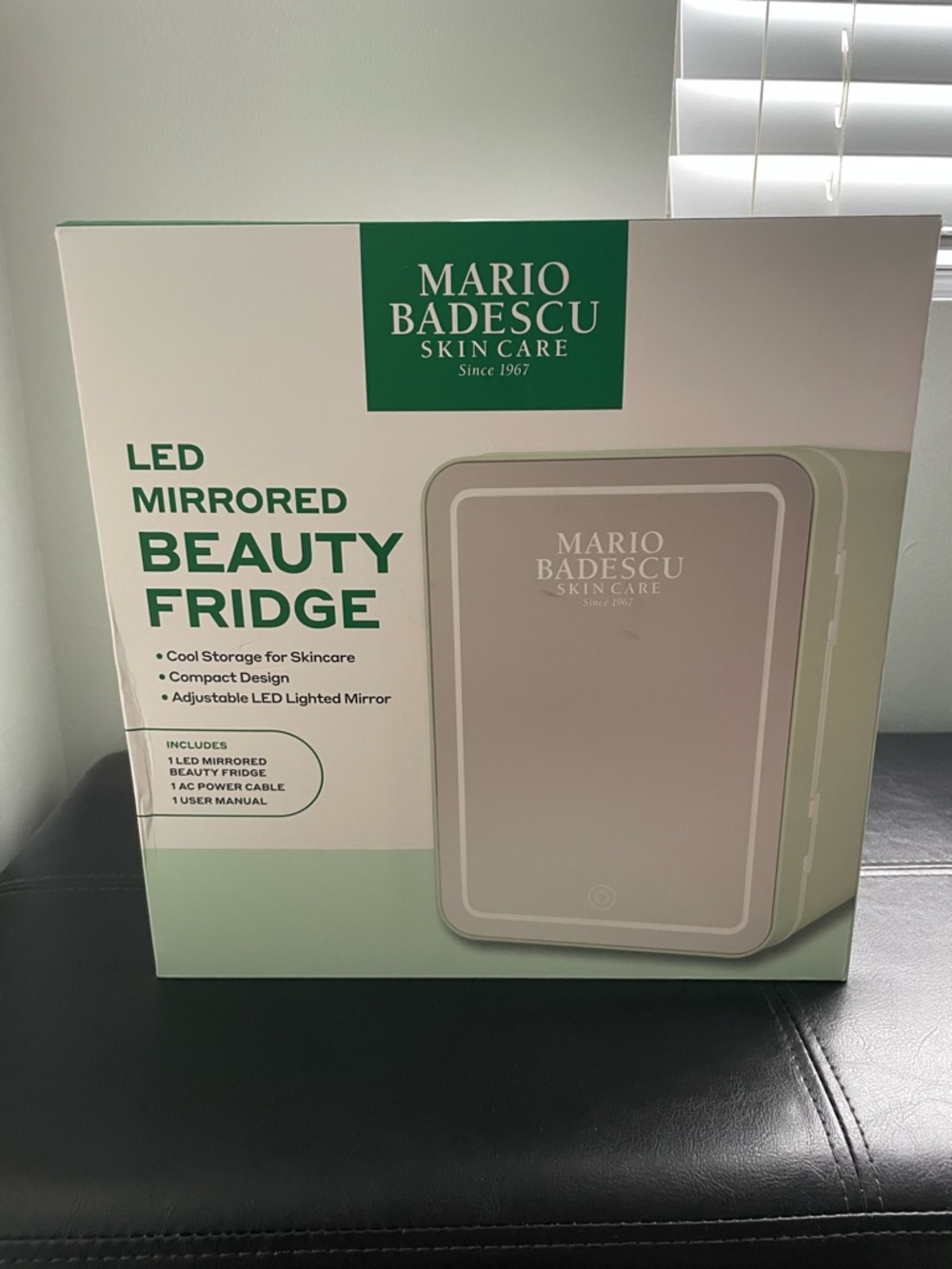 NIB Mario Badescu Mirrored LED Skincare Fridge in White & Light Green
